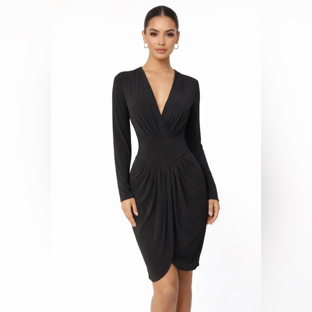 Armani Collezioni Dress 12 Black Long Sleeve Stretch Jersey Cummerbund Waist